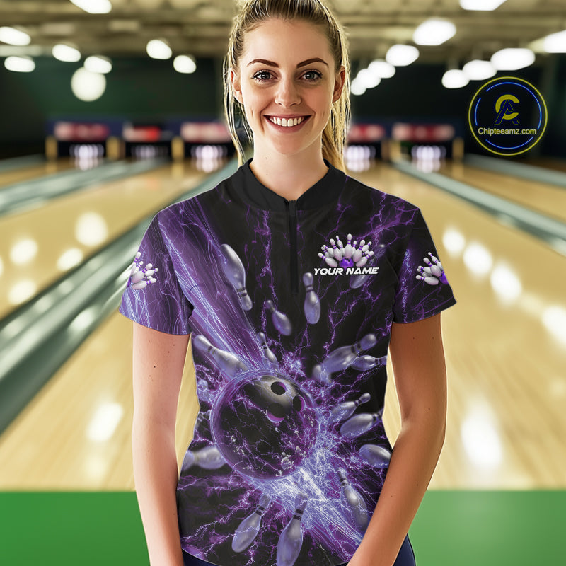 Custom Purple Thunder Lightning Bowling Team Women Quarter-Zip Shirts, Bowling Jerseys IPHW9744