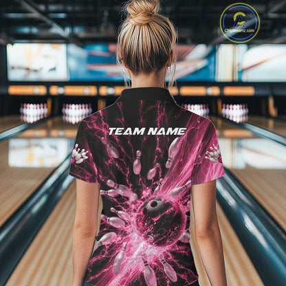 Custom Pink Thunder Lightning Bowling Team Women Polo Shirts, Bowling Jerseys IPHW9745