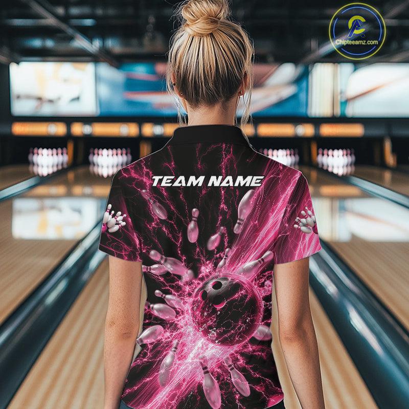 Custom Pink Thunder Lightning Bowling Team Women Quarter-Zip Shirts, Bowling Jerseys IPHW9745