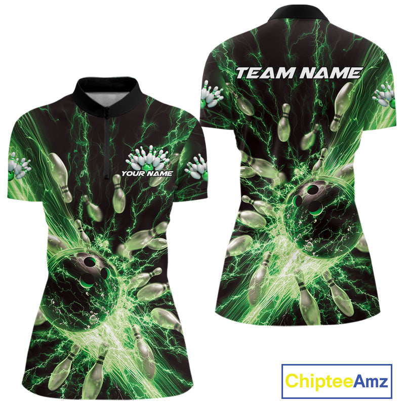 Custom Green Thunder Lightning Bowling Team Women Quarter-Zip Shirts, Bowling Jerseys IPHW9746