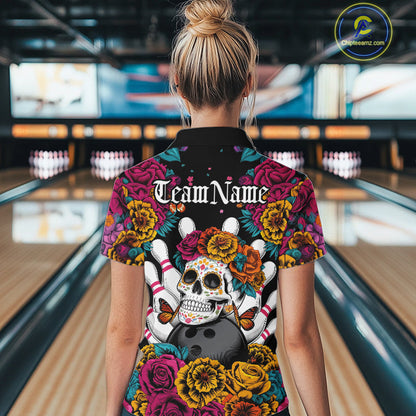 Custom Flower Sugar Skull Bowling Team Women Quarter-Zip Shirts, Halloween Bowler Outfit IPHW9749