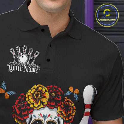 Custom Sugar Skull Bowling Team Men Polo Shirts, Funny Halloween Bowling Outfit IPHW9752