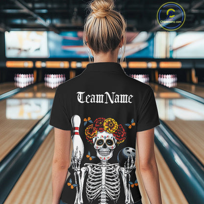 Custom Sugar Skull Bowling Team Women Polo Shirts, Funny Halloween Bowling Outfit IPHW9752