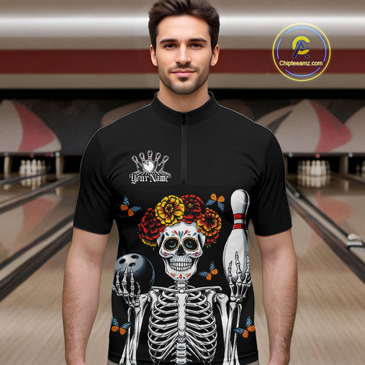 Custom Sugar Skull Bowling Team Men Quarter-Zip Shirts, Funny Halloween Bowling Outfit IPHW9752