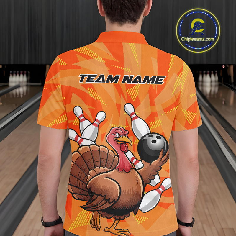 Custom Funny Thanksgiving Turkey Bowling Men Polo Shirts, Bowling League Shirt IPHW9769