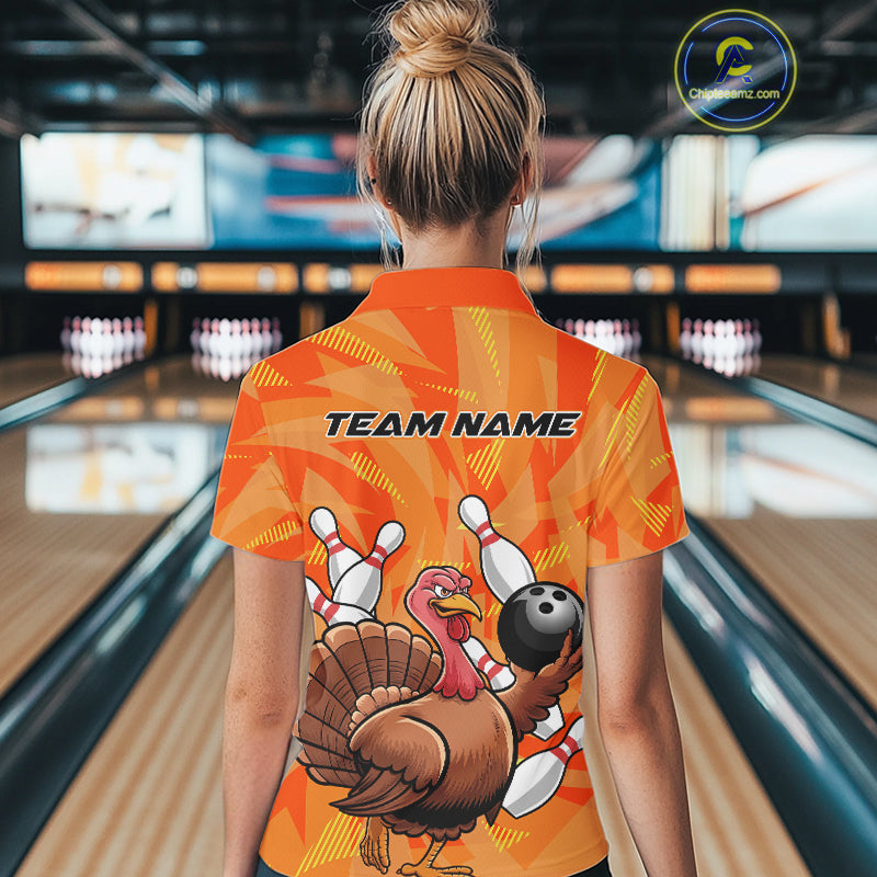 Custom Funny Thanksgiving Turkey Bowling Women Polo Shirts, Bowling League Shirt IPHW9769