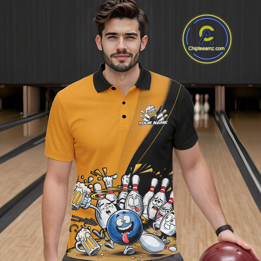 Custom Yellow Funny Bowling Men Polo Shirts, Bowling And Beer Party Bowlers Outfit IPHW9610