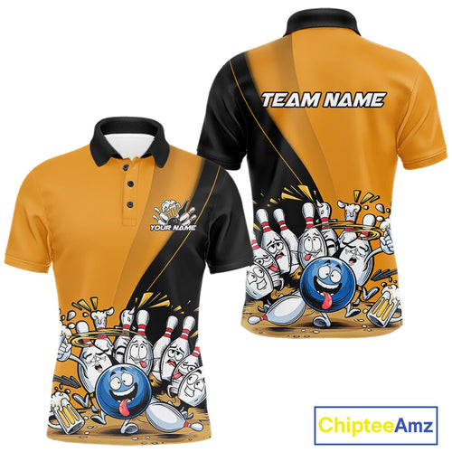 Custom Yellow Funny Bowling Men Polo Shirts, Bowling And Beer Party Bowlers Outfit IPHW9610