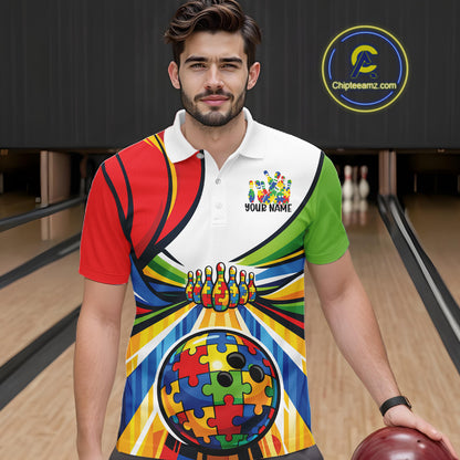 Male model inside a bowling venue wearing a polo shirt, front view highlighting colorful autism bowling lane illustration with puzzle design elements