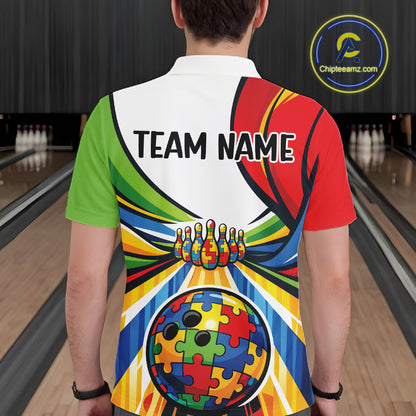 Male model at a bowling lane, back view of polo shirt featuring vibrant autism bowling lane artwork with multicolored puzzle-inspired details