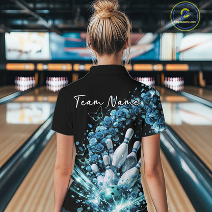 Custom Blue Roses And Butterfly Women Bowling Shirt, Flower Ladies Bowling League Shirt IPHW10885