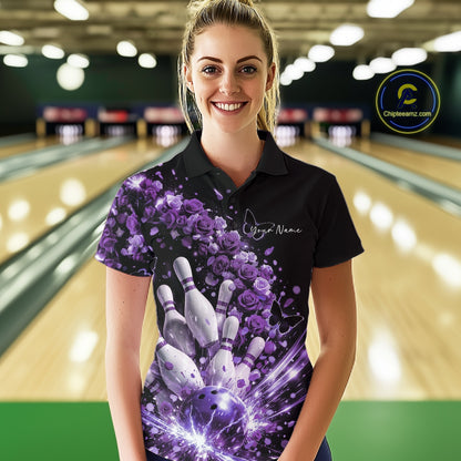 Custom Purple Roses And Butterfly Women Bowling Shirt, Flower Ladies Bowling League Shirt IPHW10886