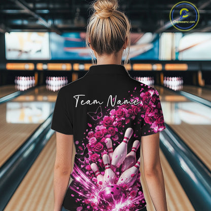 Custom Pink Roses And Butterfly Women Bowling Shirt, Flower Ladies Bowling League Shirt IPHW10887