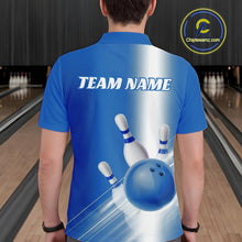 Load image into Gallery viewer, Male model back view in a bowling lane wearing a polo shirt with bowling ball and pins flowing through a blue gradient layout.