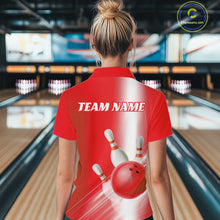 Load image into Gallery viewer, Back view female model in a bowling lane wearing a quarter zip shirt with bowling ball and pins flowing through a red gradient layout.