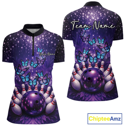 Custom Blue And Purple Buttefly Ladies Bowling Team Shirt, Women Bowler Outfits IPHW10918