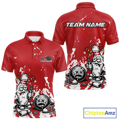 Front and back view of a men’s polo shirt mockup in red and white, featuring splatter-style drunk bowling pin holding beer bottle and bowling ball.