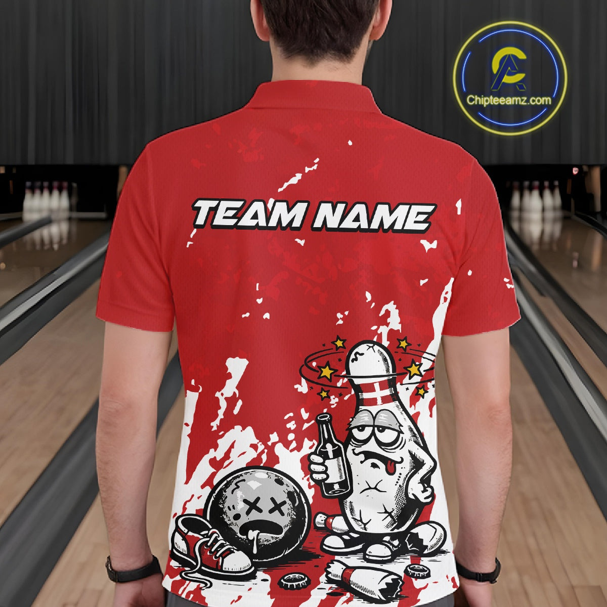 Back view of a male bowler wearing a red and white polo shirt, splatter-textured drunk bowling pin illustration holding beer bottle and bowling ball.