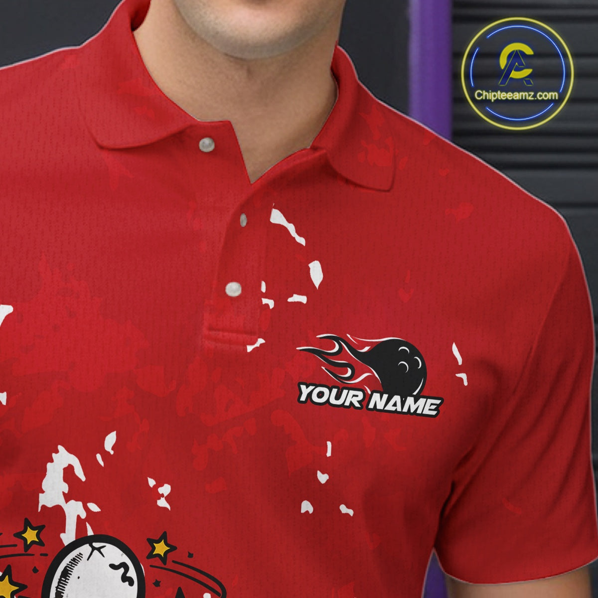 Close-up view of left chest area of a red and white polo shirt, showing detailed drunk bowling pin graphic holding beer bottle and bowling ball.