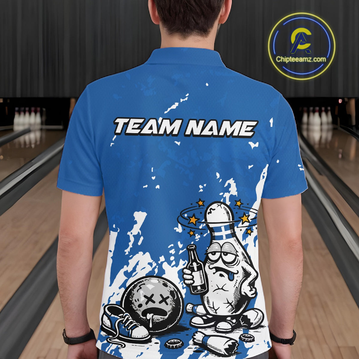 Back view of a male bowler wearing a blue and white polo shirt, splatter-style drunk bowling pin illustration holding beer bottle and bowling ball.