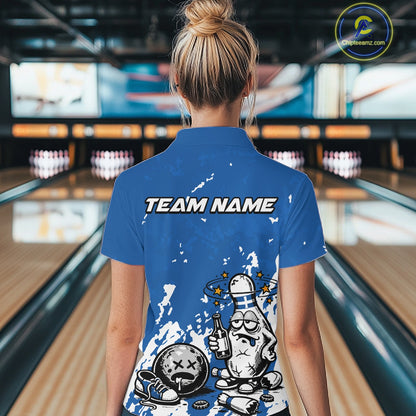 Back view of a female bowler wearing a blue and white polo shirt, grunge splatter-style drunk bowling pin illustration holding beer and bowling ball.