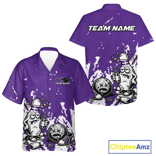 Front and back view of a button-up bowling shirt mockup in purple and white, featuring splatter-style drunk bowling pin holding beer bottle and bowling ball artwork.