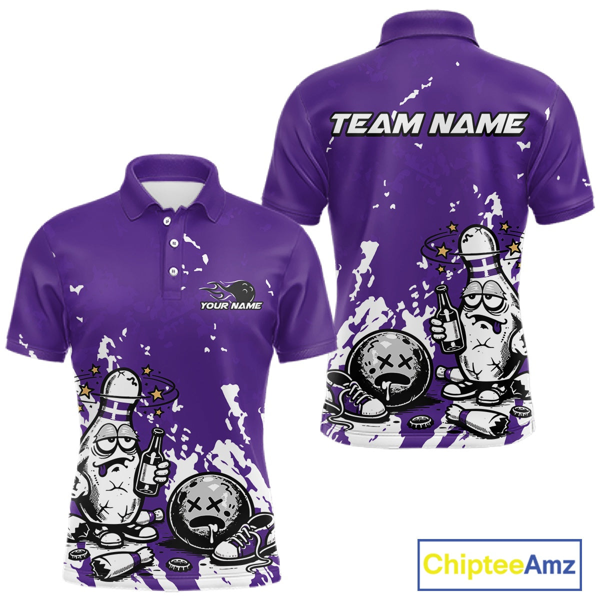 Front and back view of a men’s polo shirt mockup in purple and white, featuring splatter-style drunk bowling pin holding beer bottle and bowling ball.