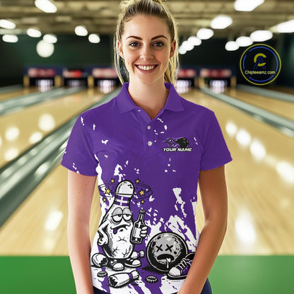 Female model at a bowling lane wearing a purple and white polo shirt, drunk bowling pin illustration with beer bottle and bowling ball over splatter texture.