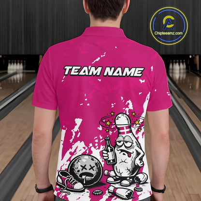 Back view of a male bowler wearing a pink and white polo shirt, splatter-textured drunk bowling pin illustration holding beer bottle and bowling ball.