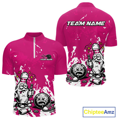 Front and back view of a men’s quarter-zip bowling shirt mockup in pink and white, featuring splatter-style drunk bowling pin illustration with beer.