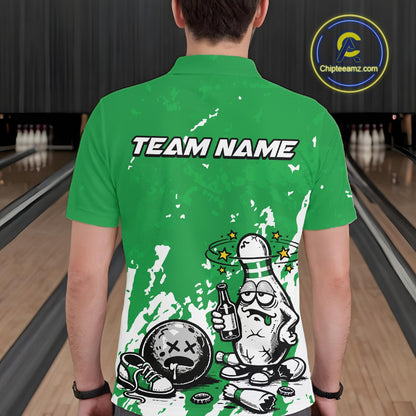 Back view of a male bowler wearing a green and white polo shirt, splatter-style drunk bowling pin illustration holding beer bottle and bowling ball.