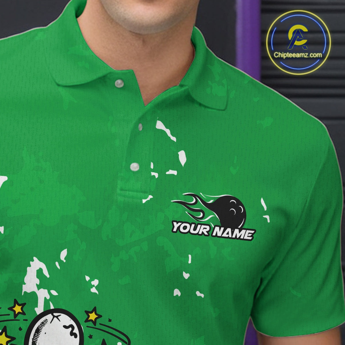 Close-up view of left chest area of a green and white polo shirt, showing small detailed drunk bowling pin graphic with beer bottle and bowling ball.