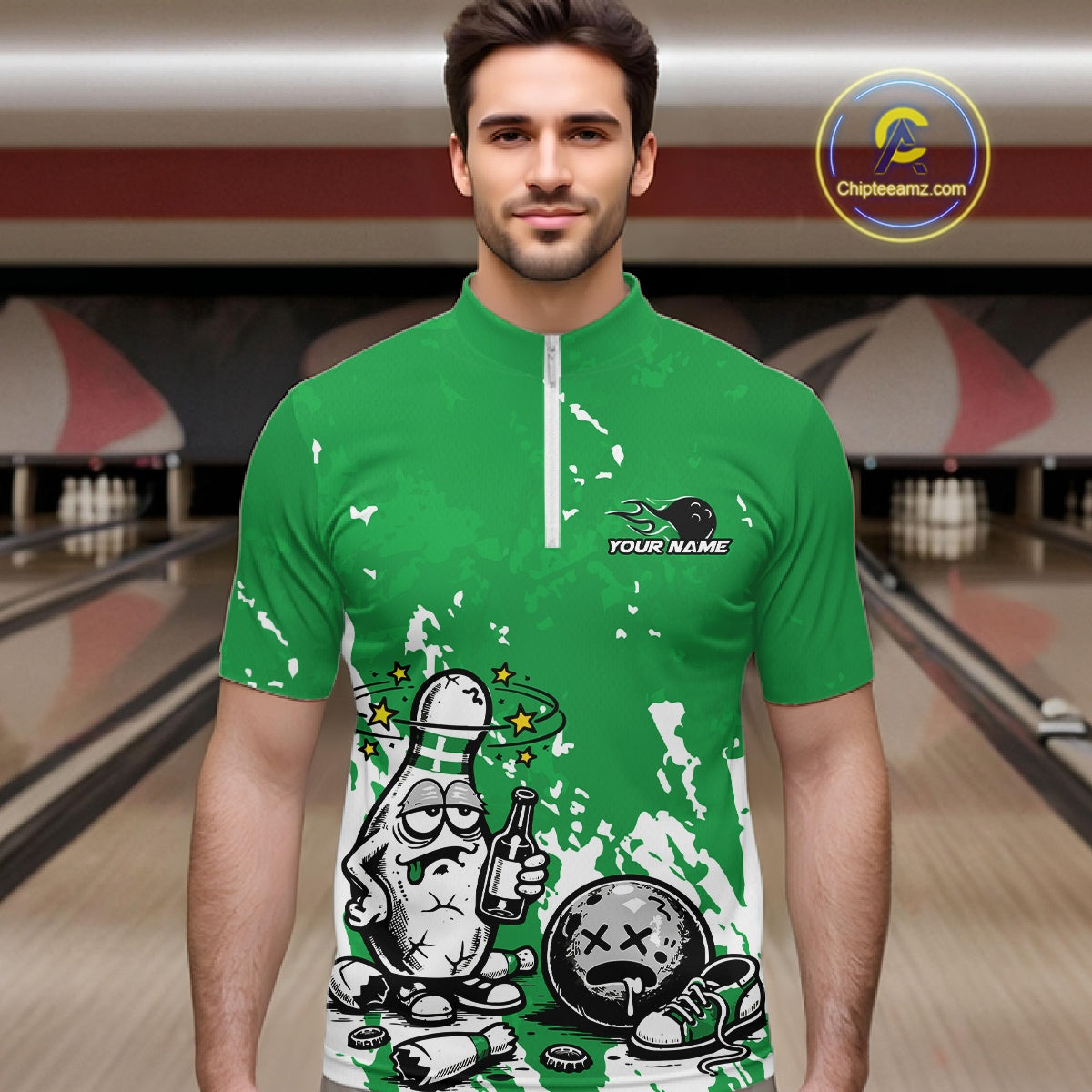 Male model in a bowling lane wearing a green and white quarter-zip shirt, splatter background drunk bowling pin holding beer bottle and bowling ball.