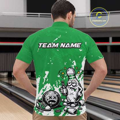 Male model at a bowling lane wearing a green and white quarter-zip shirt, splatter graphic drunk bowling pin artwork with beer and bowling ball.