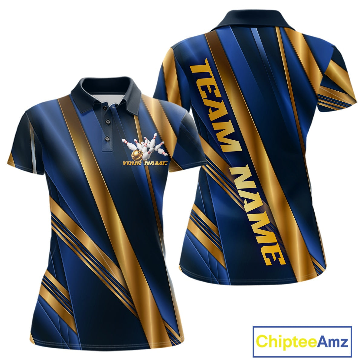 Custom short-sleeve polo shirt shown from the front and back, featuring a navy blue and gold diagonal stripe pattern with a bowling graphic and 'YOUR NAME' on the front chest, and 'TEAM NAME' printed vertically on the back. A 'ChipteeAmz' logo is visible in the bottom right corner.
