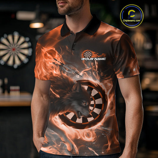 Custom Orange Fire Flame Dart Wolf Men Polo Shirts, Dart League Shirt Team Jerseys IPHW10006