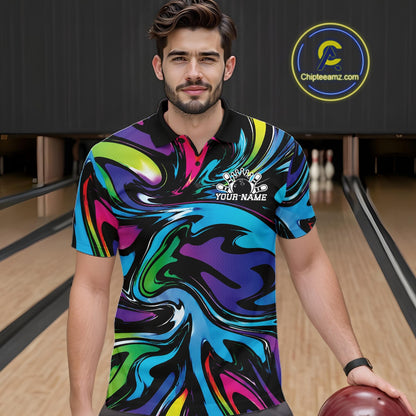 Man wearing a colorful polo shirt with a bowling alley background
