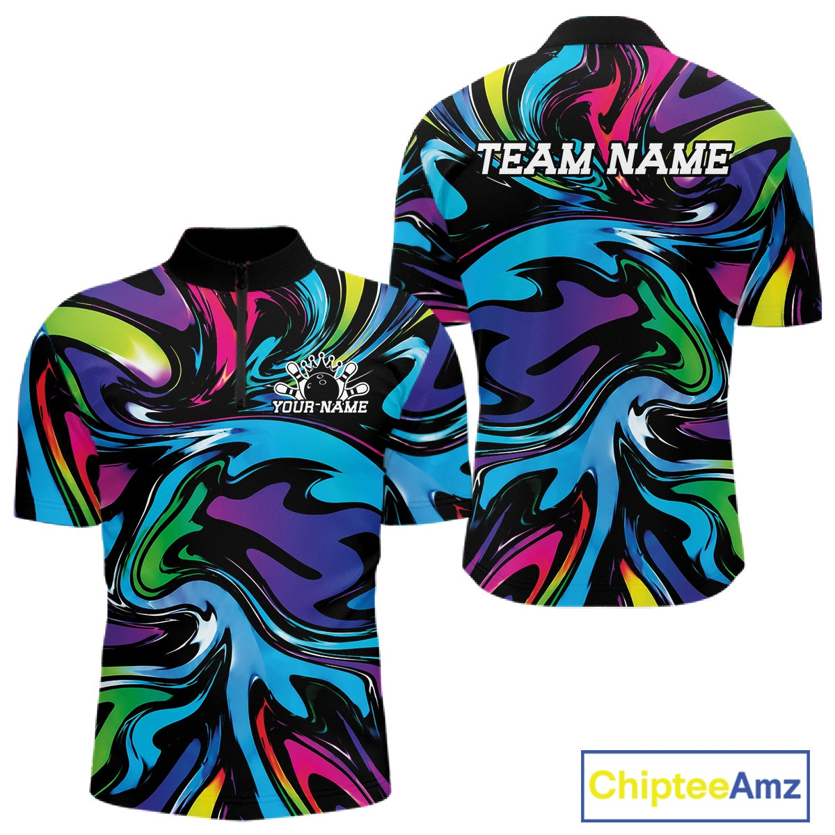 Colorful marbled polo shirt with 'Team Name' and 'Your Name' text on a white background, featuring the brand 'Chiptee Amz'.
