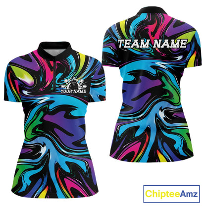 Colorful polo shirt with abstract design and 'TEAM NAME' text on a white background, featuring the brand 'Chiptee Amz'.