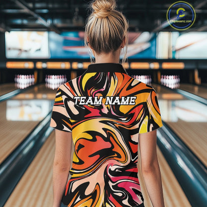 Person wearing a colorful bowling shirt with 'TEAM NAME' text in a bowling alley.