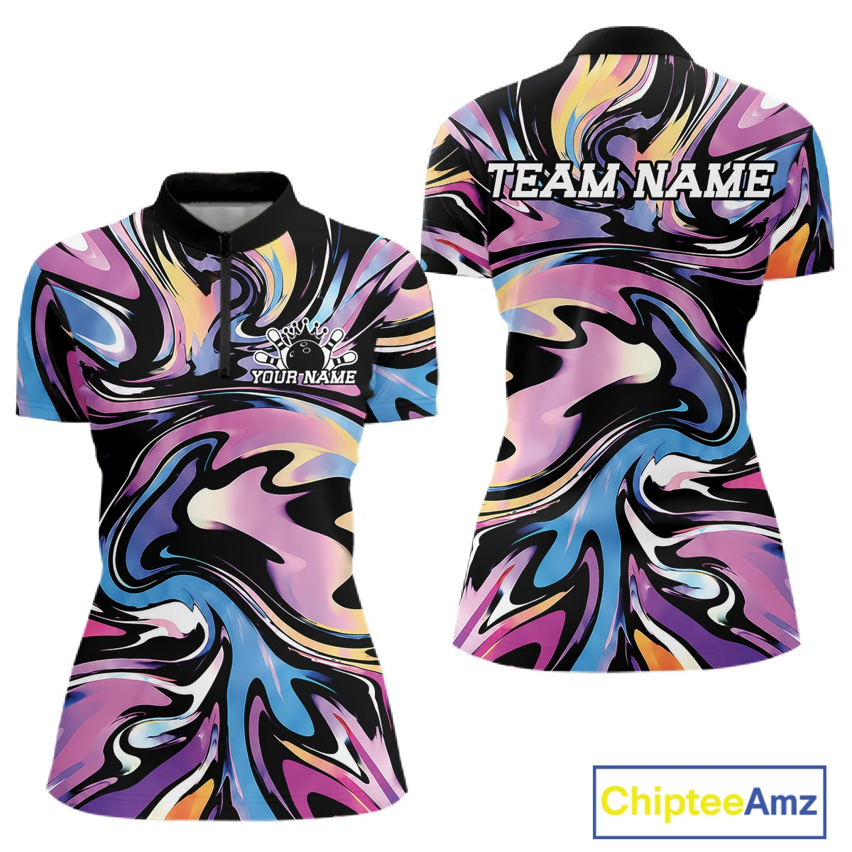 Colorful sports jerseys with 'TEAM NAME' text on a white background, featuring the brand 'Chiptee Amz'.