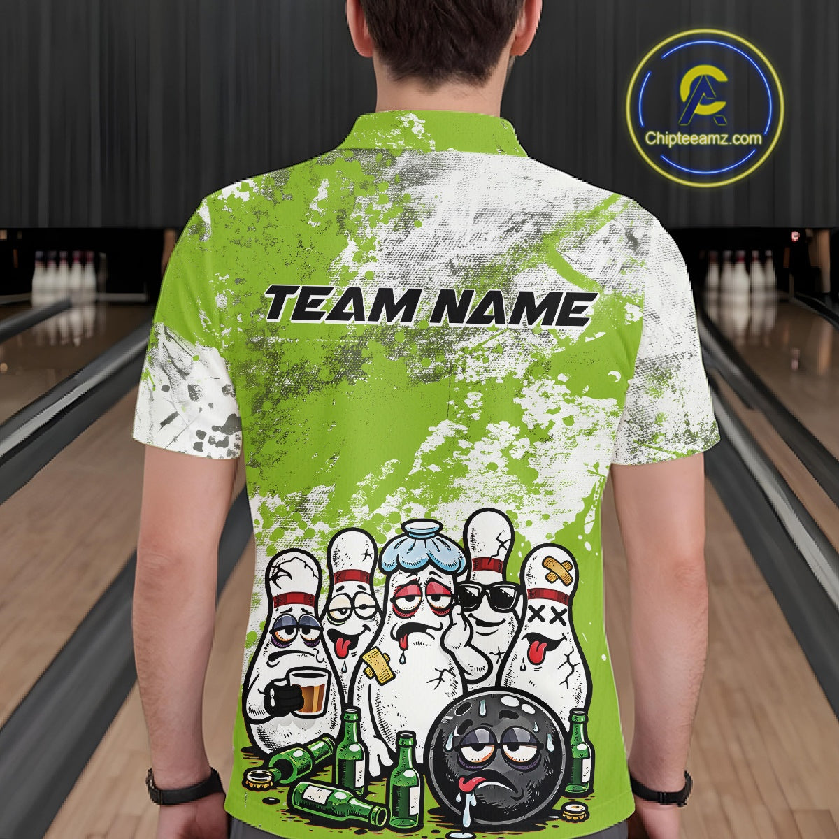 Back view of a male model in a bowling lane wearing a green and white grunge splatter polo shirt with cartoon bowling pins and a bowling ball surrounded by beer bottles illustration.