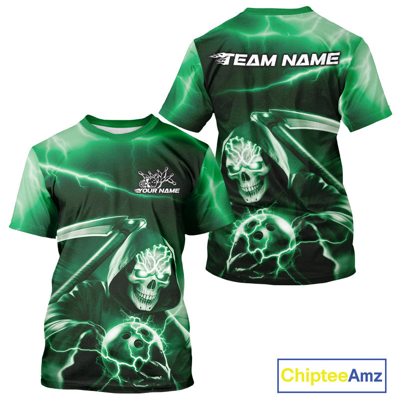 Custom Green Lightning Grim Reaper Bowling T-Shirts For Men, Halloween Bowling Jerseys IPHW9844