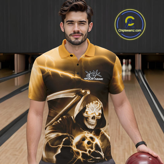 Custom Yellow Lightning Grim Reaper Bowling Polo Shirts For Men, Halloween Bowling Jerseys IPHW9846