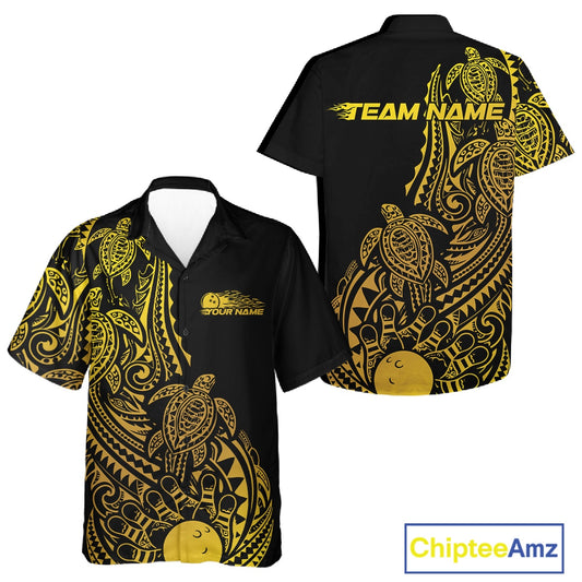 Front and back views of a black and gold button-up bowling shirt displaying Polynesian-inspired bowling graphics with tribal accents.