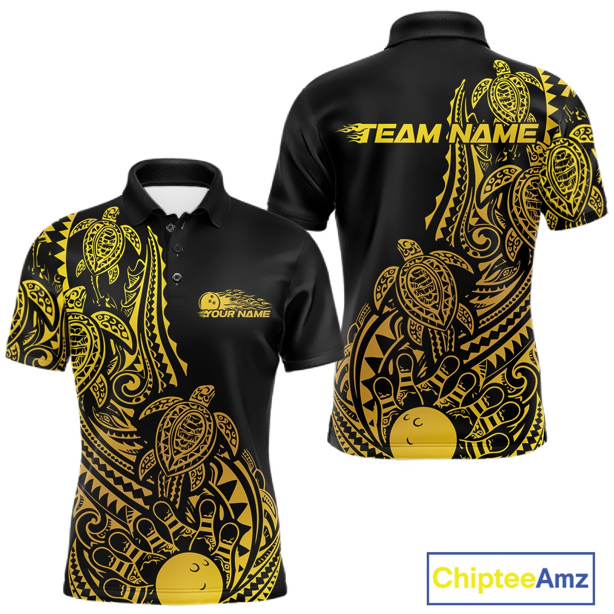 Front and back views of a black and gold mens bowling polo shirt featuring bowling ball and pin graphics surrounded by tribal patterns.