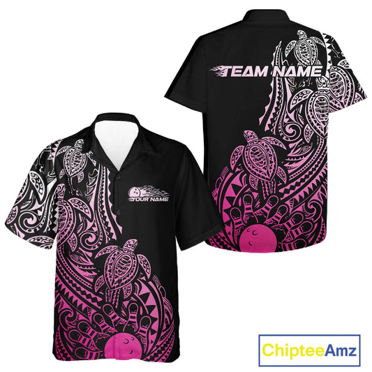 Front and back views of a black and pink button-up bowling shirt showcasing tribal bowling graphics with turtle-inspired Polynesian motifs.