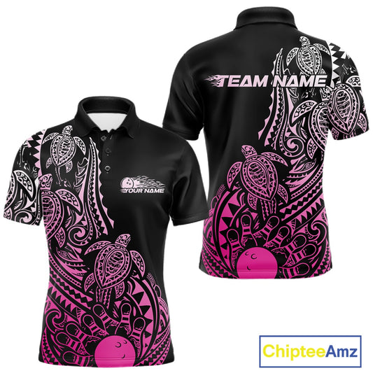 Front and back views of a black and pink mens bowling polo shirt showcasing bowling pins and a ball surrounded by tribal swirls and turtle patterns.