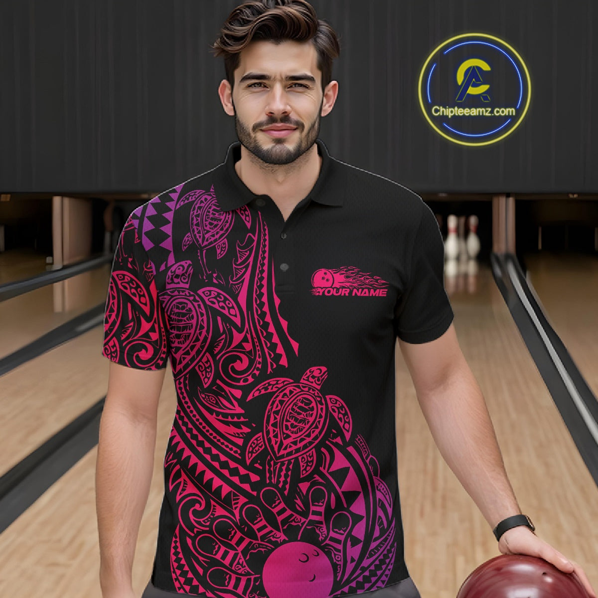 Male model wearing a black, pink, and purple bowling polo shirt at the lane with Polynesian-inspired bowling graphics and tribal accents.