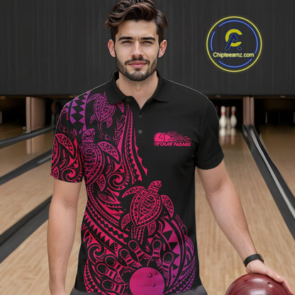 Male model wearing a black, pink, and purple bowling polo shirt at the lane with Polynesian-inspired bowling graphics and tribal accents.